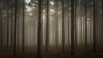Fototapeta premium Foggy pine forest morning light with misty atmosphere and quiet mood