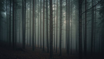Naklejka premium Foggy pine forest with tall trunks and moody light, atmospheric and quiet