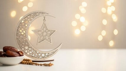 Dates crescent moon star and prayer beads with bokeh lights