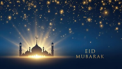 Mosque silhouette under starry night with golden lights and eid mubarak text.