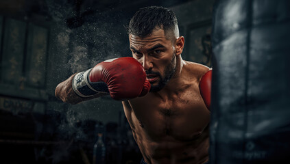 Fit boxer training with red glove striking punching bag, intense focus and motion