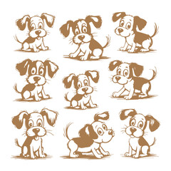 Obraz premium Set of nine cute hand drawn puppy dog characters in various playful poses brown line art on white background. 