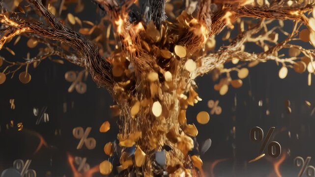 Money Tree Burning While Coins and Percentage Symbols Fall Around