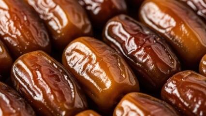 Close-up macro view of dried dates arranged in rows.