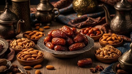 Dates and nuts served in ornate bowls with antique metalware.