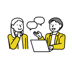 スーツ姿の男女がPCを見ながら会話する上半身イラスト:打ち合わせ:説明
