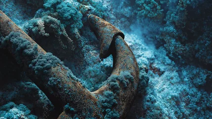Keuken achterwand Schipbreuk wreck. Extreme close-up of a rusted ship anchor on the seabed with coral and seaweed. safety posters, maintenance manuals, designed for precision metalworking and fabrication facilities.  © 磊 崔