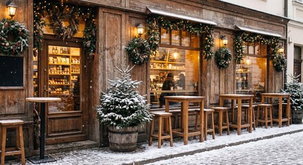 Charming cozy cafe exterior decorated for winter with wooden tables, festive wreaths and warm lights during snowfall. Snow-covered street scene creates a welcoming holiday atmosphere, perfect for