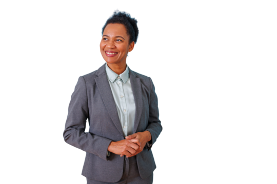 Smiling african american businesswoman in a suit, hands clasped, expressing confidence and corporate professionalism. Transparent background - Powered by Adobe
