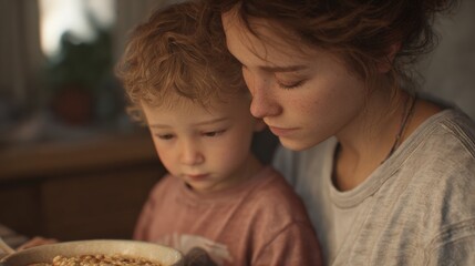 Mother and her young son sitting at a table with a bowl of cereal in front of them. the mother is on the right side of the image, with her head resting on the son's shoulder.