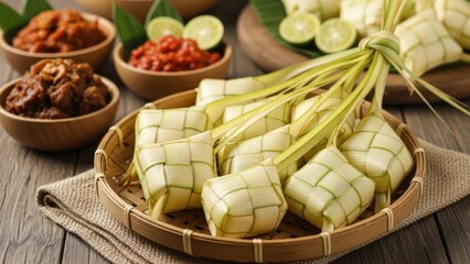 Rice dumplings in woven palm leaves with side dishes.