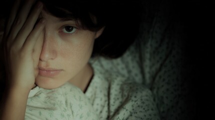 Close-up portrait of a young woman's face. she is lying in bed, with her head resting on her hand and her eyes looking directly at the camera.