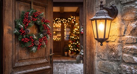 Traditional Christmas wreath with red berries and pine cones hanging on rustic wooden door of a cozy house. Warm glowing lantern and festive lights inside create a magical winter holiday atmosphere