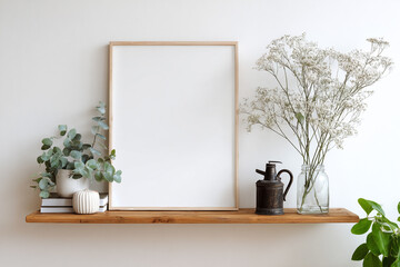 A modern wooden shelf displays a blank picture frame surrounded by decorative objects and plants