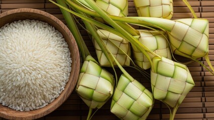 Rice in a bowl with woven palm leaf parcels on a mat.