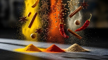 Fresh spices suspended mid-air above a dark stone surface, frozen motion as powders gently disperse, rich textures, dramatic side lighting, culinary elegance without any brand or text.
