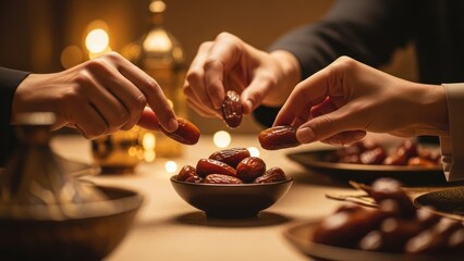 Hands reaching for dates from a bowl with soft lighting.