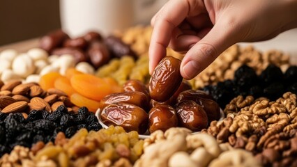 Hand picks a date from a platter of dried fruits and nuts.