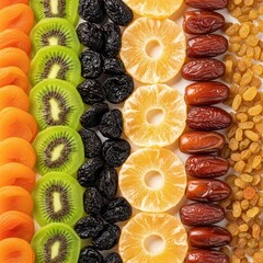 Rows of dried fruits including apricots kiwi prunes dates and raisins.