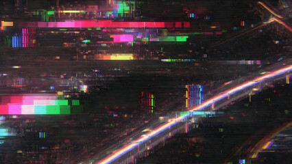 Dynamic abstract digital interference pattern with colorful glitch effects, fragmented light streaks, and pixel noise, depicting data corruption and modern tech aesthetics