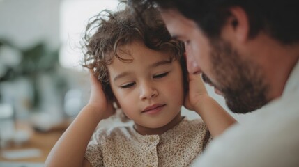 Close-up of a father and daughter. the father is on the right side of the image, with his head resting on the daughter's shoulder.