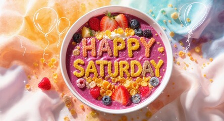 Colorful Berry Smoothie Bowl with Happy Saturday Message in Bright Pink and Yellow Toppings