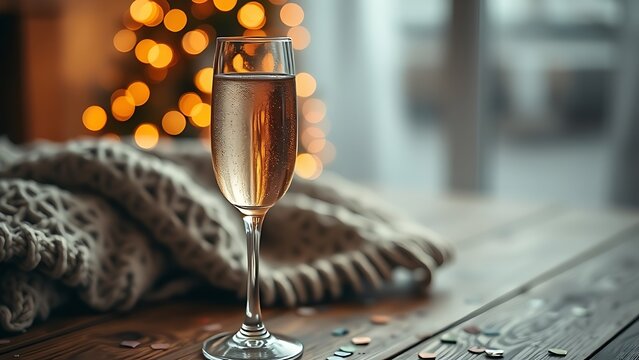 dcf. A champagne flute with golden bubbles on a wooden table beside a cozy blanket and festive confetti. bar promotions, beverage menus, designed for food & beverage menus and cafe branding.