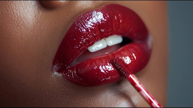 A captivating close-up shot of a woman's full, glossy red lips as she applies a vibrant lip gloss, showcasing beauty and cosmetic application.