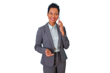 Black businesswoman talking on a mobile phone, smiling, making a gesture, engaging in corporate communication, on transparent background