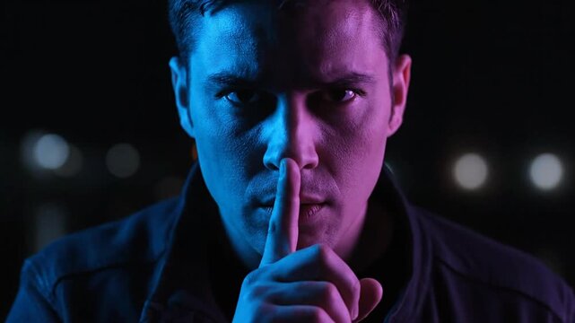 Man silenced with finger to lips lit by blue and purple