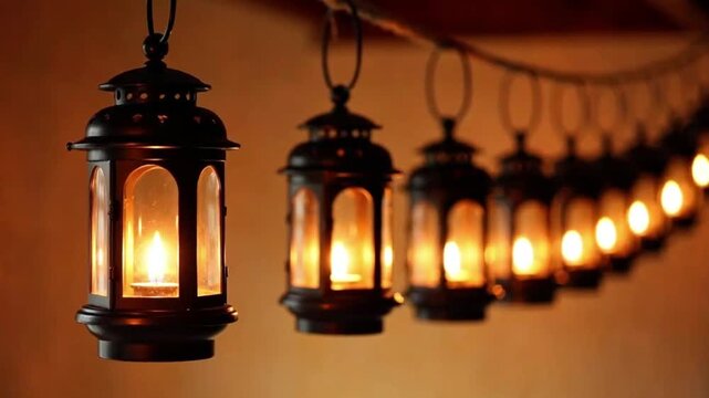 Row of Glowing Vintage Hanging Lanterns with Warm Ambient Light