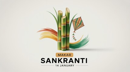 Makar Sankranti Festival Illustration with Sugarcane and Kite