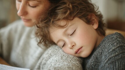 Mother and her young son sleeping together on a couch. the mother is leaning over the son, with her eyes closed and her head resting on his mother's shoulder.