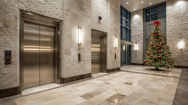 A grand lobby featuring elevators, stone walls, marble floors and a decorated Christmas tree - Powered by Adobe