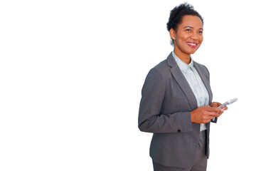 Confident businesswoman smiling, holding a smartphone and looking away on transparent background