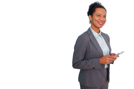 Confident businesswoman smiling, holding a smartphone and looking away on transparent background - Powered by Adobe