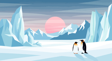Obraz premium Arctic Sunrise With Penguins Winter Landscape
