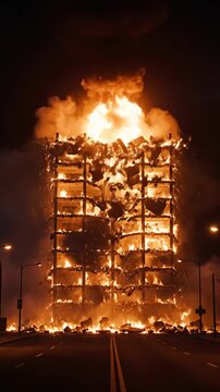 Captivating time-lapse footage of a controlled building demolition, showcasing destructive power