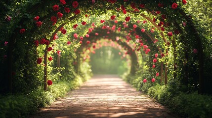 Obraz premium A beautiful garden trellis covered in lush green foliage and abundant red roses creates a charming archway leading down a sun-dappled path. This romantic setting evokes feelings of peace and