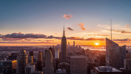 Obraz premium Sunset skyline with tall tower and urban buildings creating warm glow