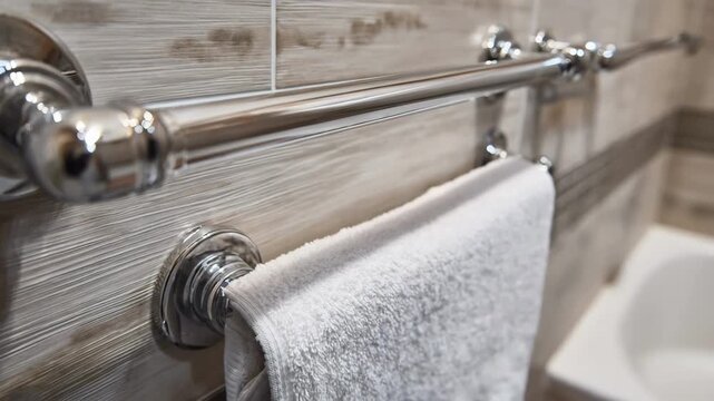 Closeup of sturdy grab bars installed around a bathroom highlighting safety and support for elderly mobility assistance.