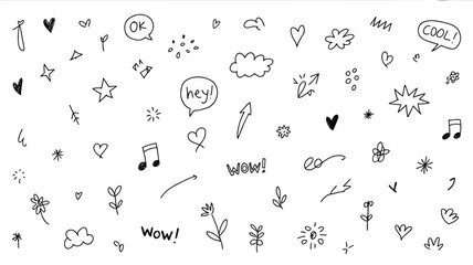 Hand drawn black doodles including hearts, stars, flowers, and speech bubbles on white background for creative design
