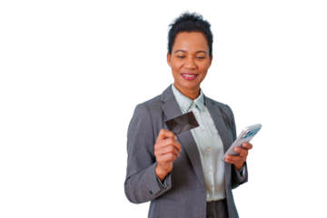 Businesswoman holding credit card and smartphone shopping online, making secure mobile payments, transparent background