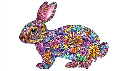 Colorful rabbit design filled with flowers and patterns in a playful arrangement for creative enjoyment and relaxation