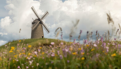 Rustic windmill on hill with wildflower meadow and cloudy sky