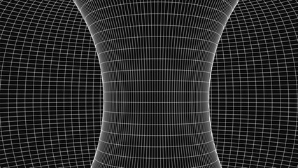 An abstract geometric figure constructed from a light coordinate grid against a dark background. The central area is gently compressed, creating an effect of spatial tension and a smooth curvature of 