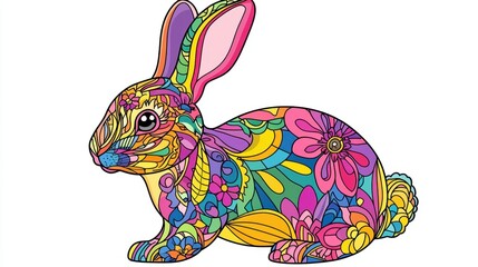 Colorful rabbit sits on a plain background while displaying vibrant flowers and patterns during a creative art session