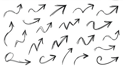A collection of twenty unique sketch style arrows pointing in various directions on white background for design and presentation