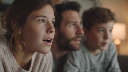 Obraz premium Family of three - a mother, father and son - sitting on a couch in a living room.