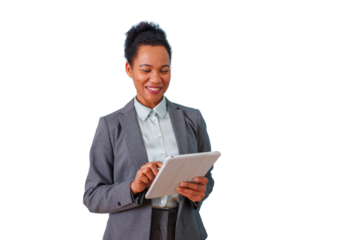 Smiling black businesswoman using a digital tablet, interacting with technology, concept of business communication